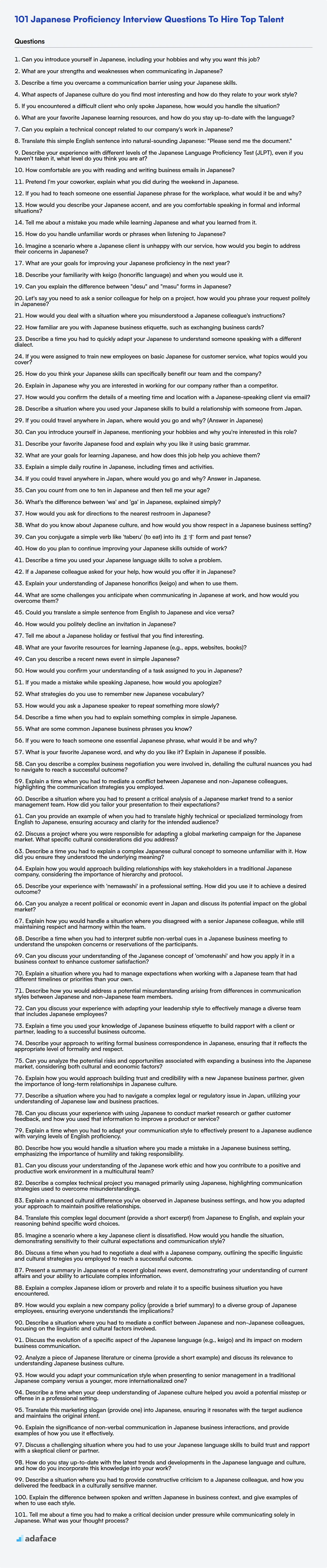 Download Japanese Proficiency interview questions template in PNG, PDF and TXT format