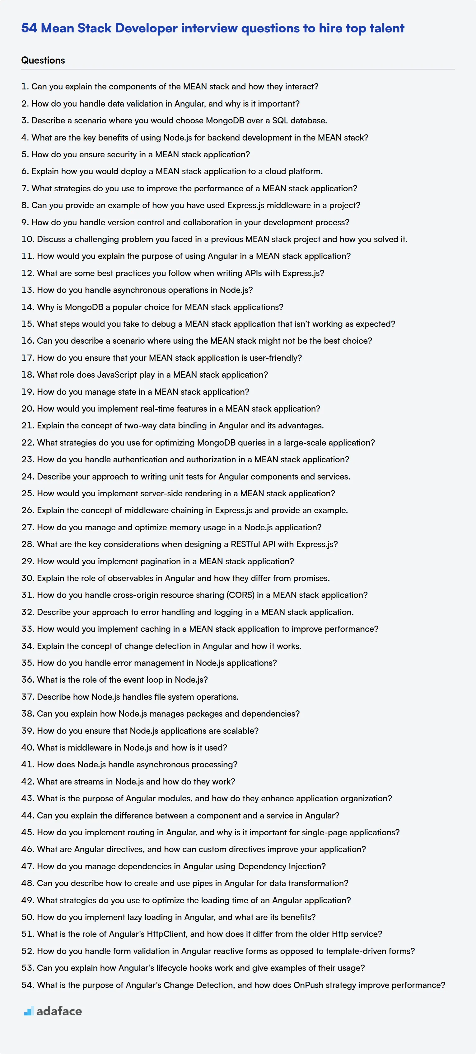 Descargar la plantilla de preguntas de la entrevista de Desarrollador Mean Stack en formato PNG, PDF y TXT
