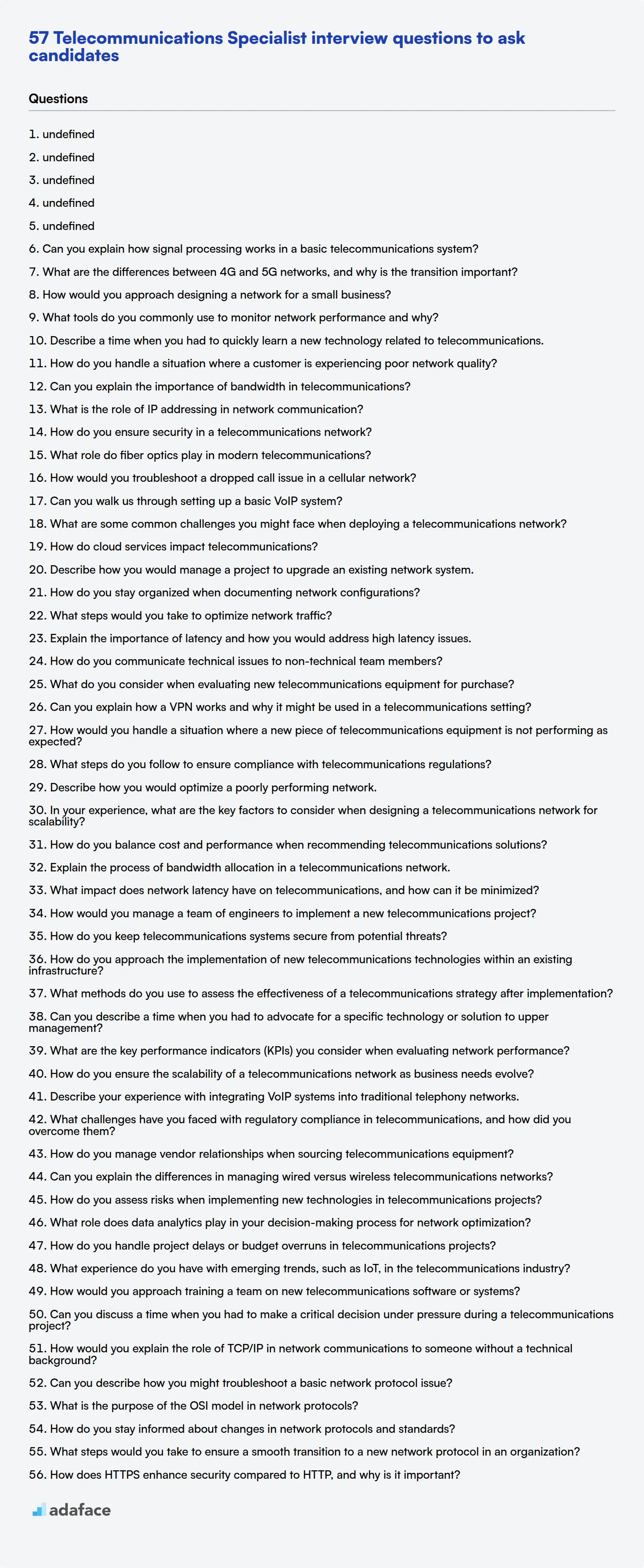 Descargue la plantilla de preguntas para la entrevista de especialista en telecomunicaciones en formato PNG, PDF y TXT