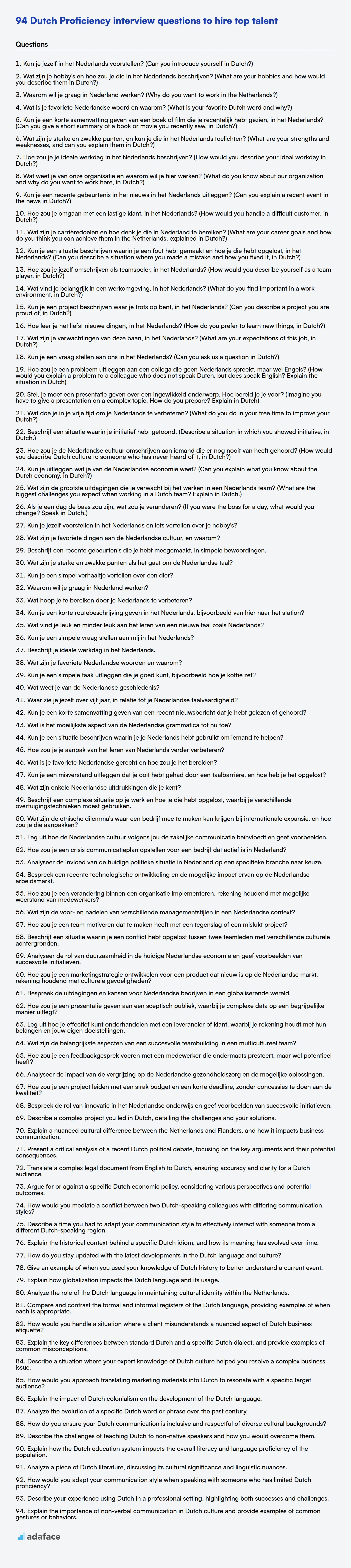 Download Dutch Proficiency interview questions template in PNG, PDF and TXT format