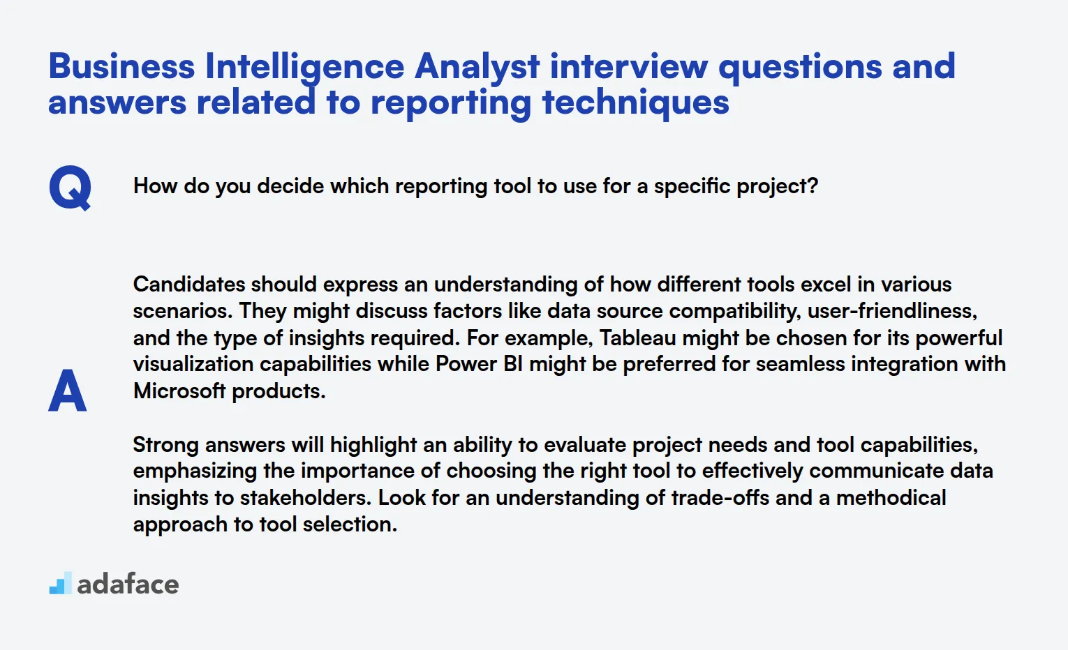 8 Business Intelligence Analyst interview questions and answers related to reporting techniques