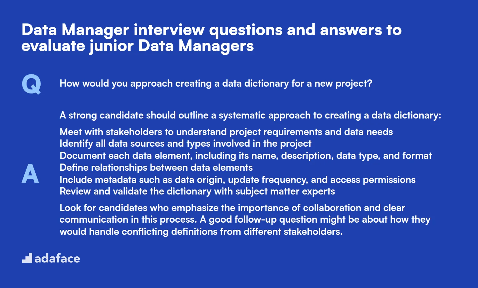 8 Data Manager interview questions and answers to evaluate junior Data Managers