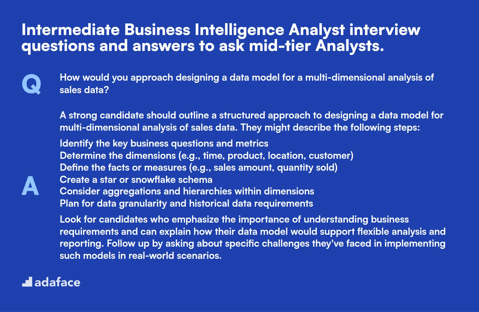 10 intermediate Business Intelligence Analyst interview questions and answers to ask mid-tier Analysts.