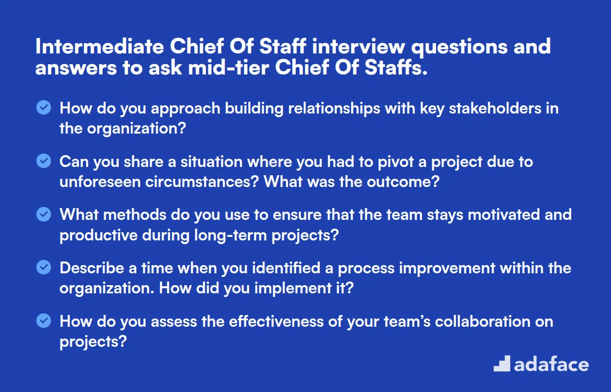 12 intermediate Chief Of Staff interview questions and answers to ask mid-tier Chief Of Staffs.