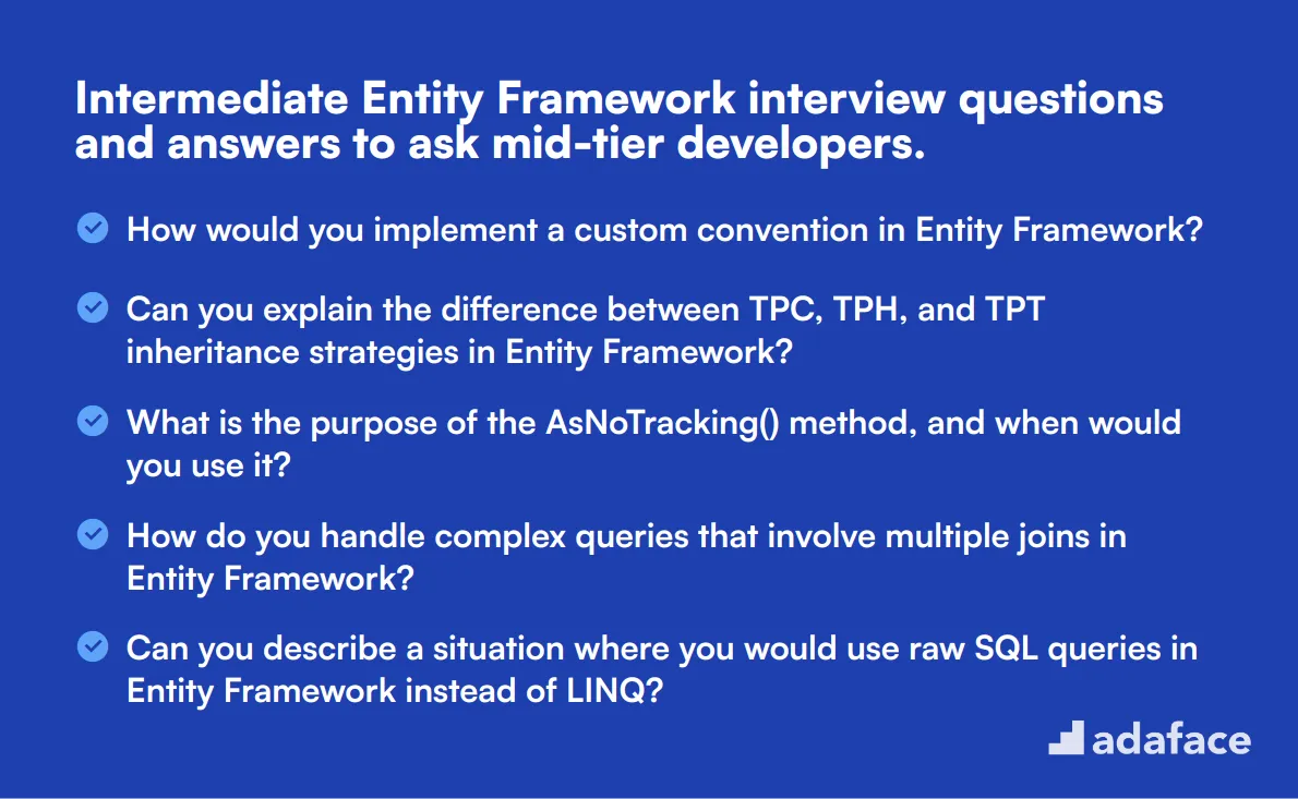 15 intermediate Entity Framework interview questions and answers to ask mid-tier developers.