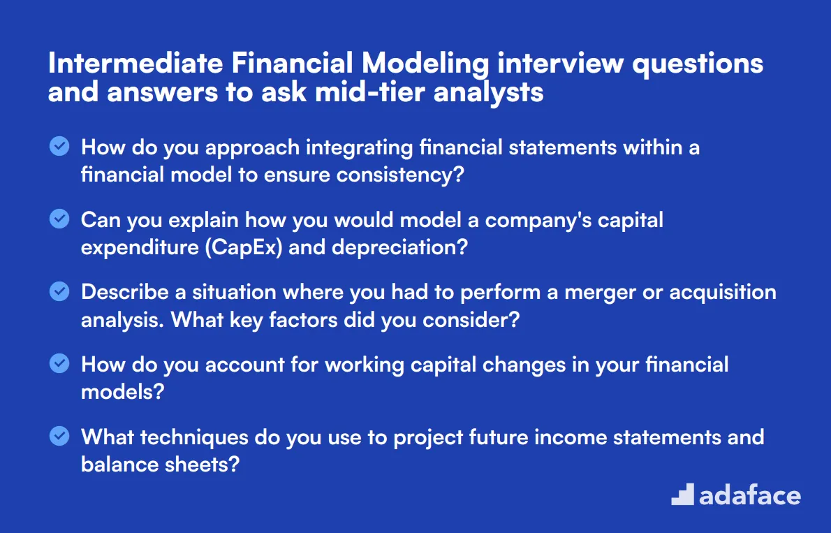 15 intermediate Financial Modeling interview questions and answers to ask mid-tier analysts