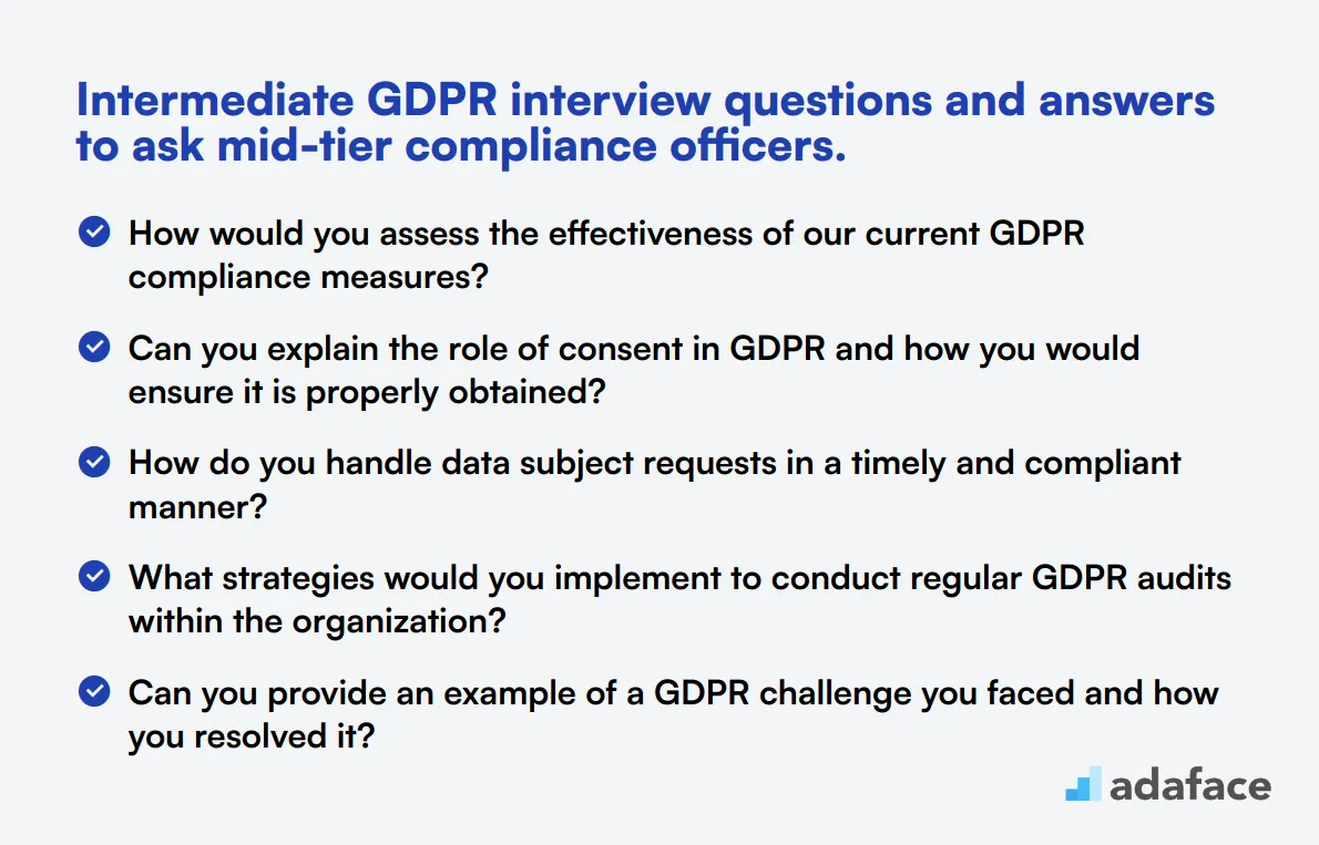 10 intermediate GDPR interview questions and answers to ask mid-tier compliance officers.