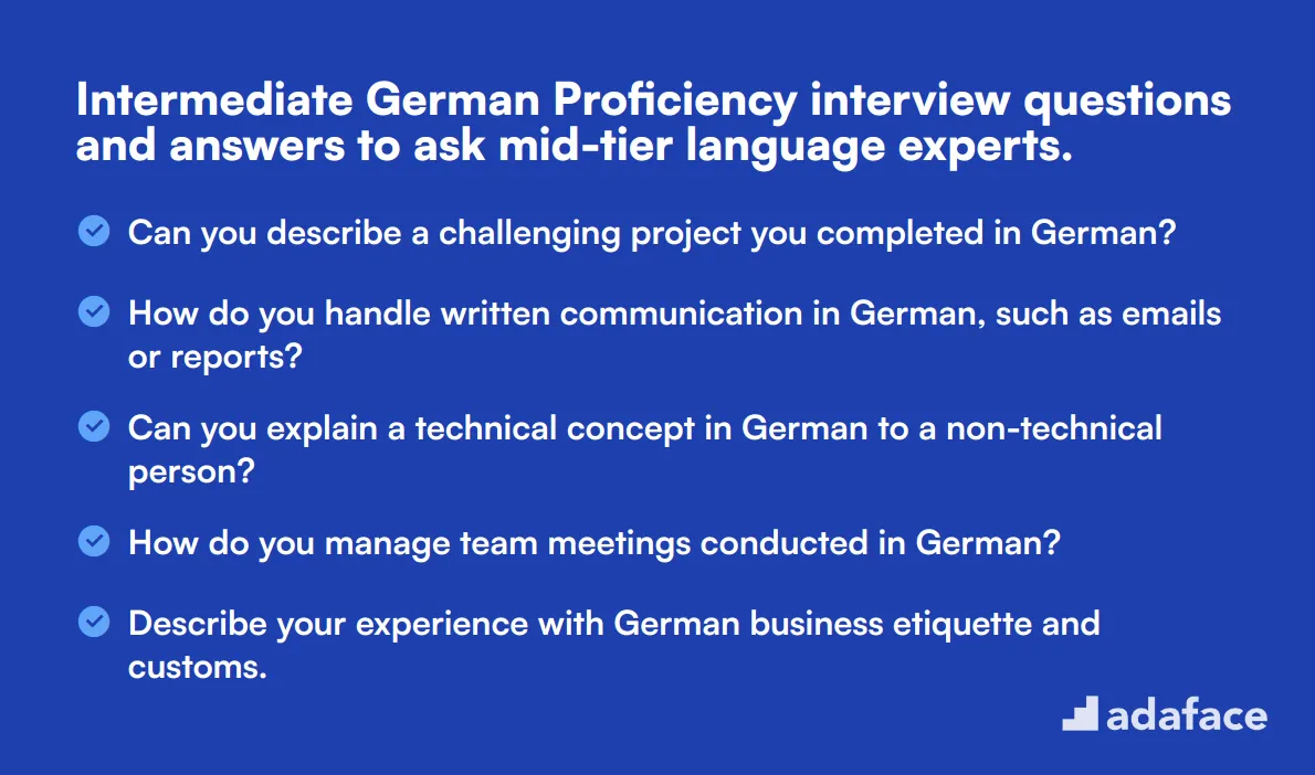 15 intermediate German Proficiency interview questions and answers to ask mid-tier language experts.