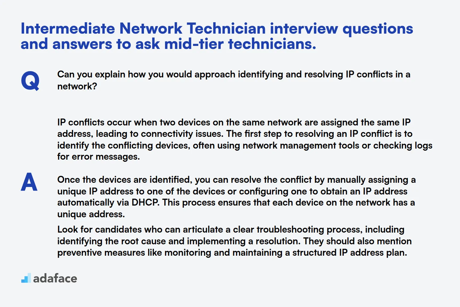 10 intermediate Network Technician interview questions and answers to ask mid-tier technicians.