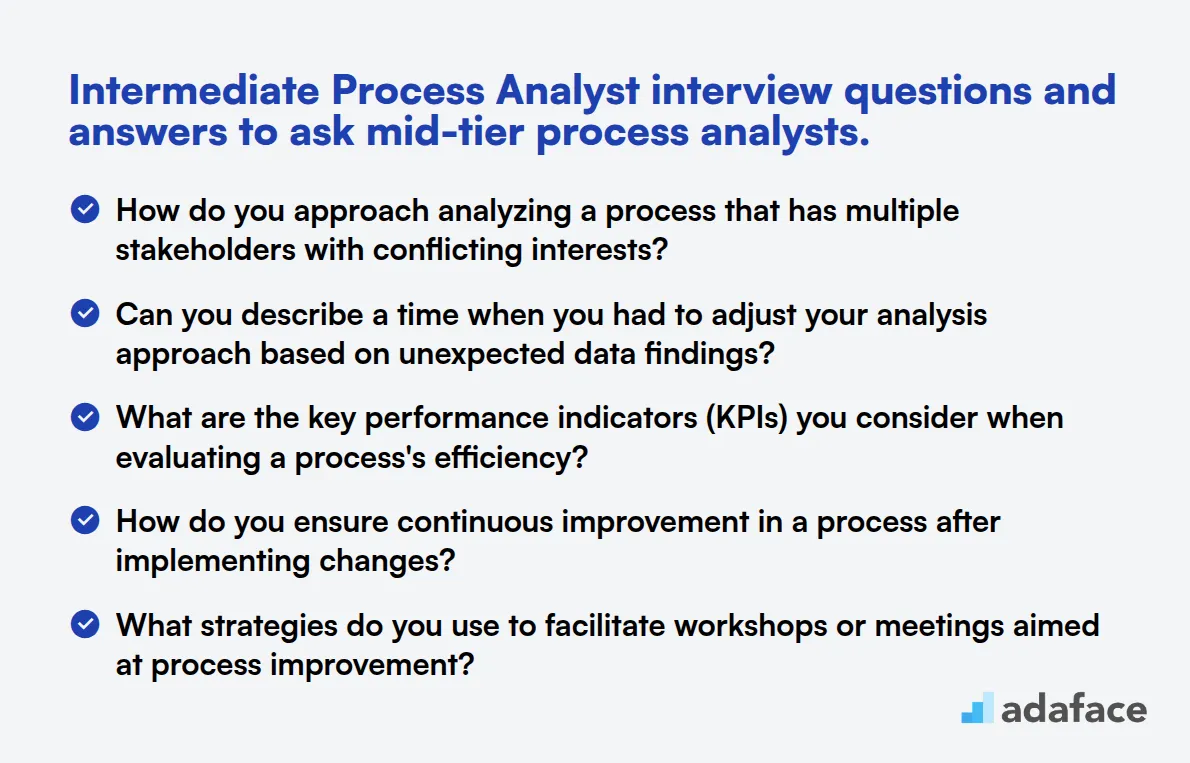 12 intermediate Process Analyst interview questions and answers to ask mid-tier process analysts.
