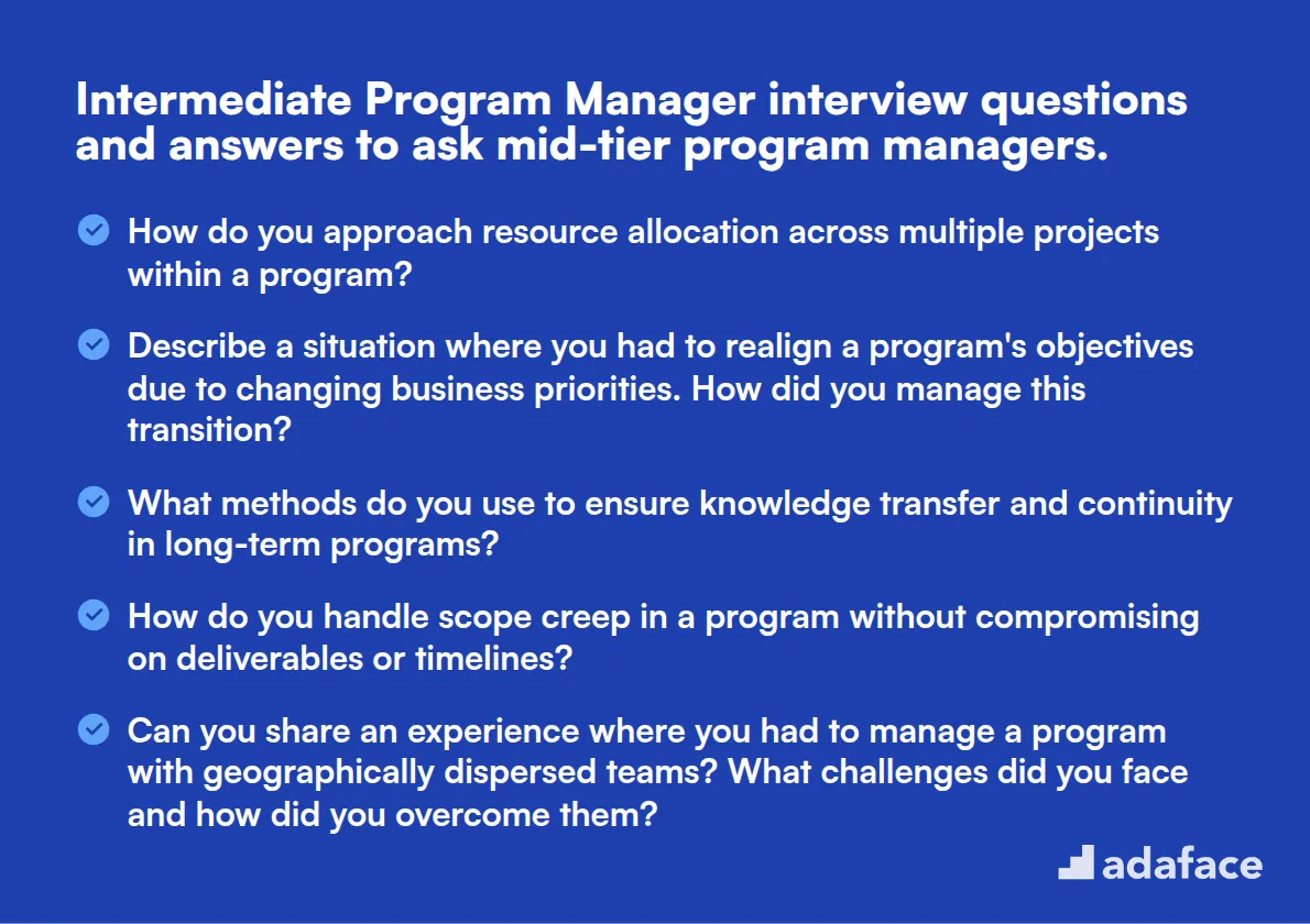 15 intermediate Program Manager interview questions and answers to ask mid-tier program managers.