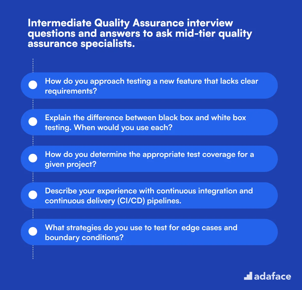 15 intermediate Quality Assurance interview questions and answers to ask mid-tier quality assurance specialists.