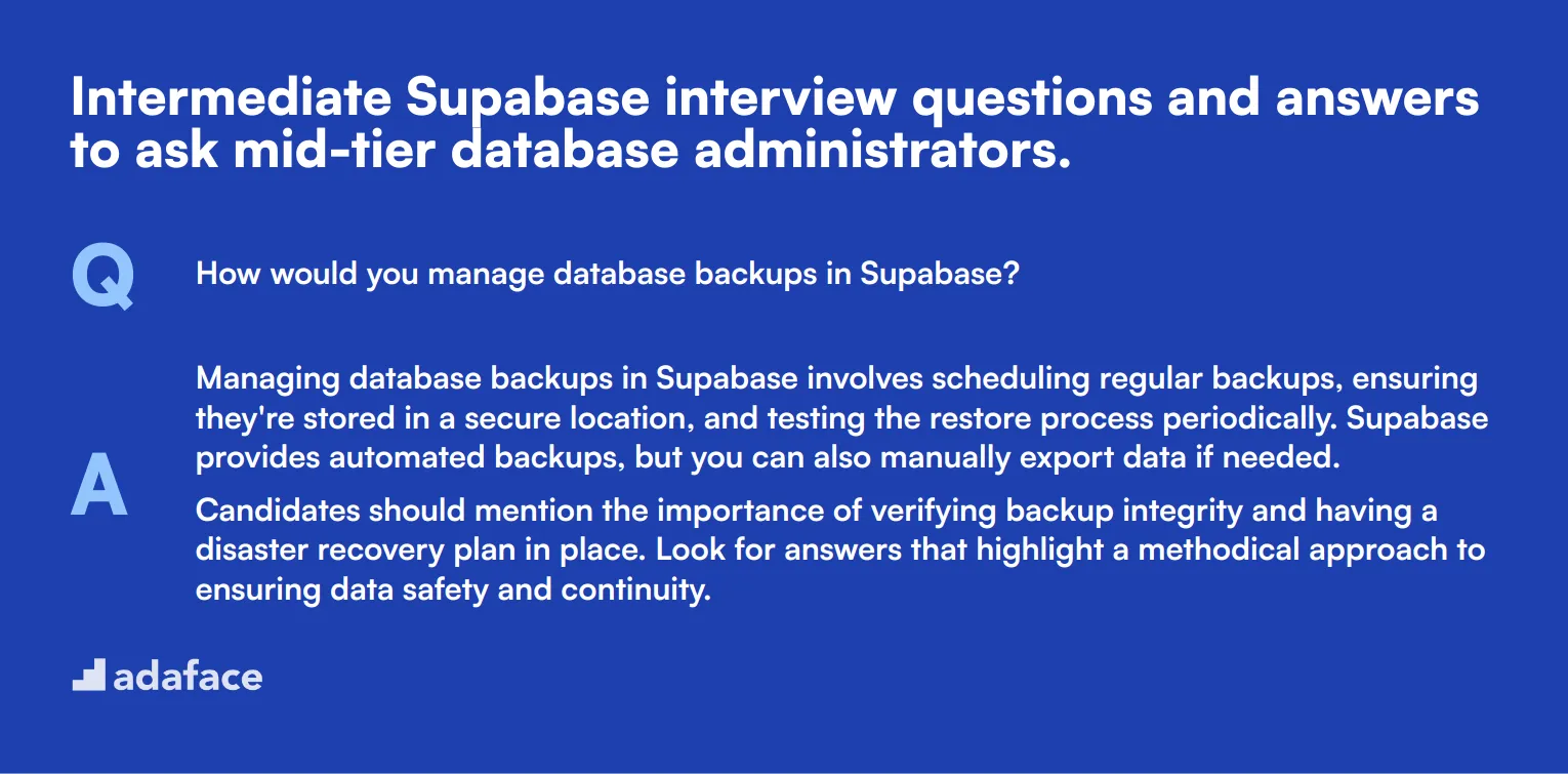 10 intermediate Supabase interview questions and answers to ask mid-tier database administrators.