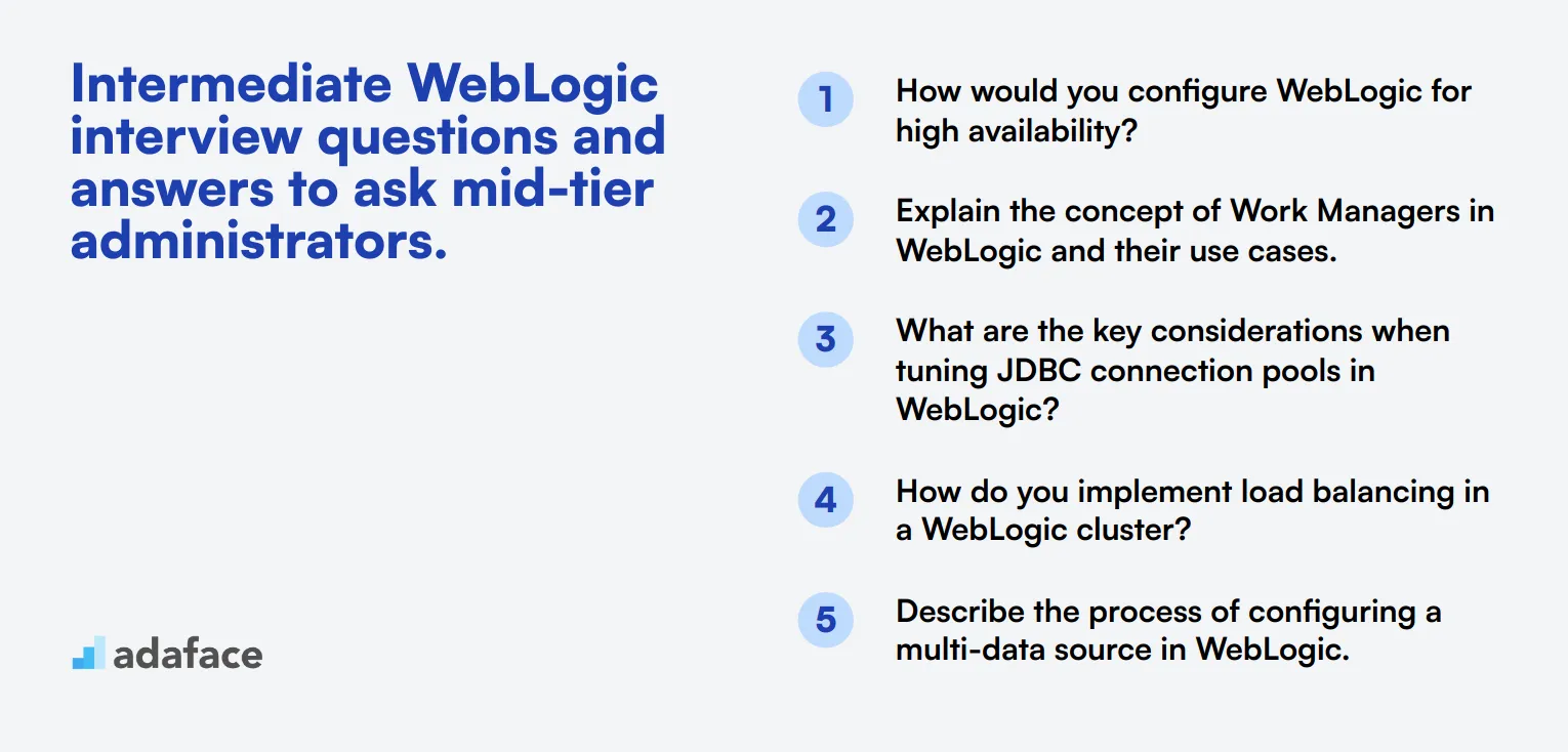 15 intermediate WebLogic interview questions and answers to ask mid-tier administrators.