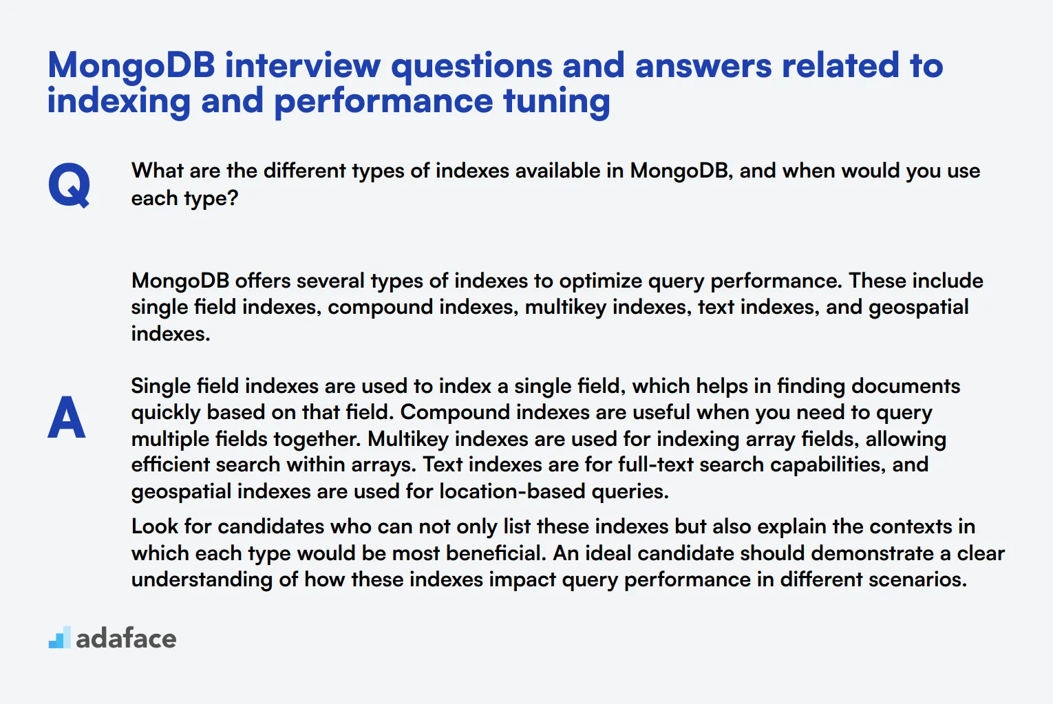 8 MongoDB interview questions and answers related to indexing and performance tuning