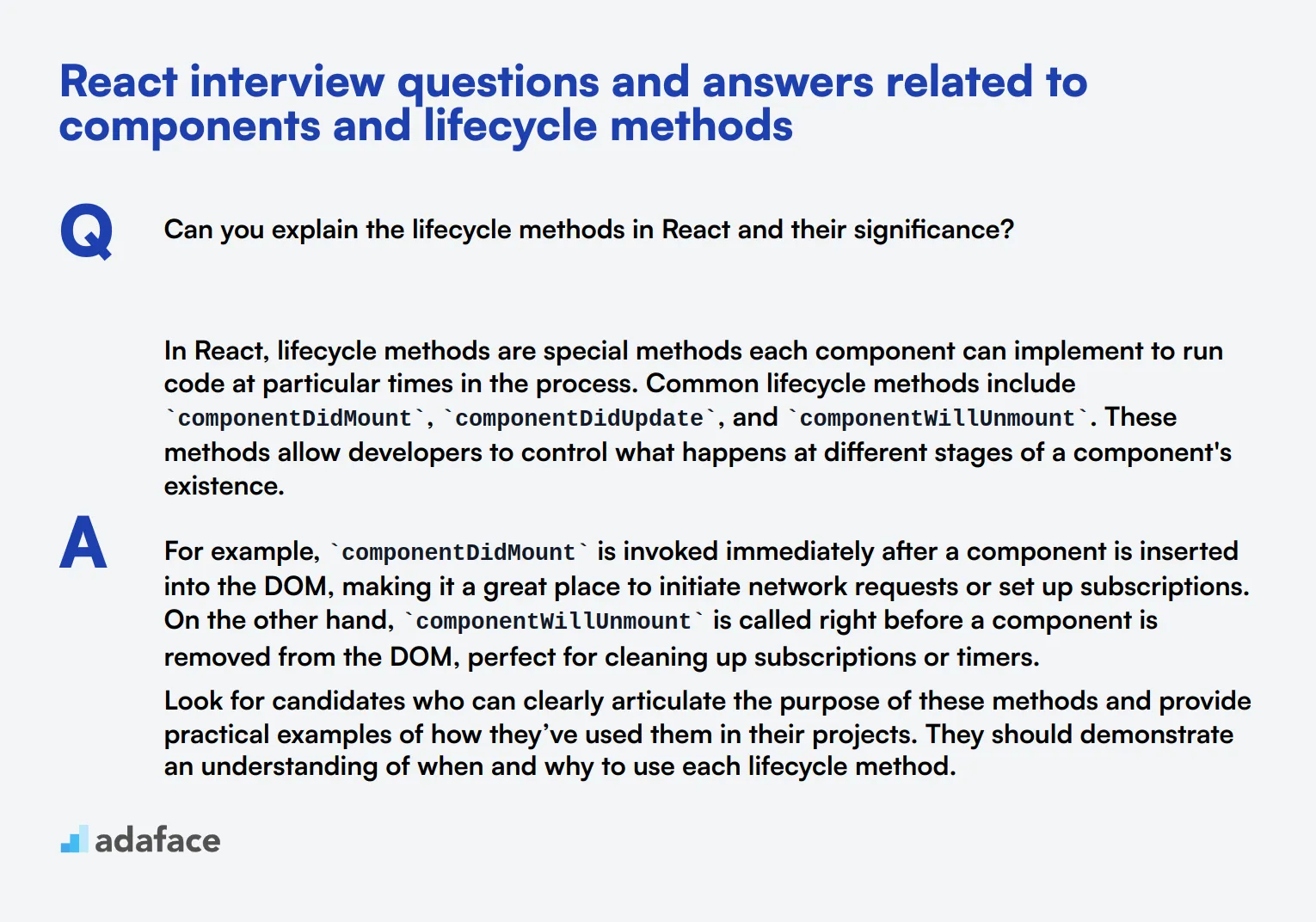 9 React interview questions and answers related to components and lifecycle methods