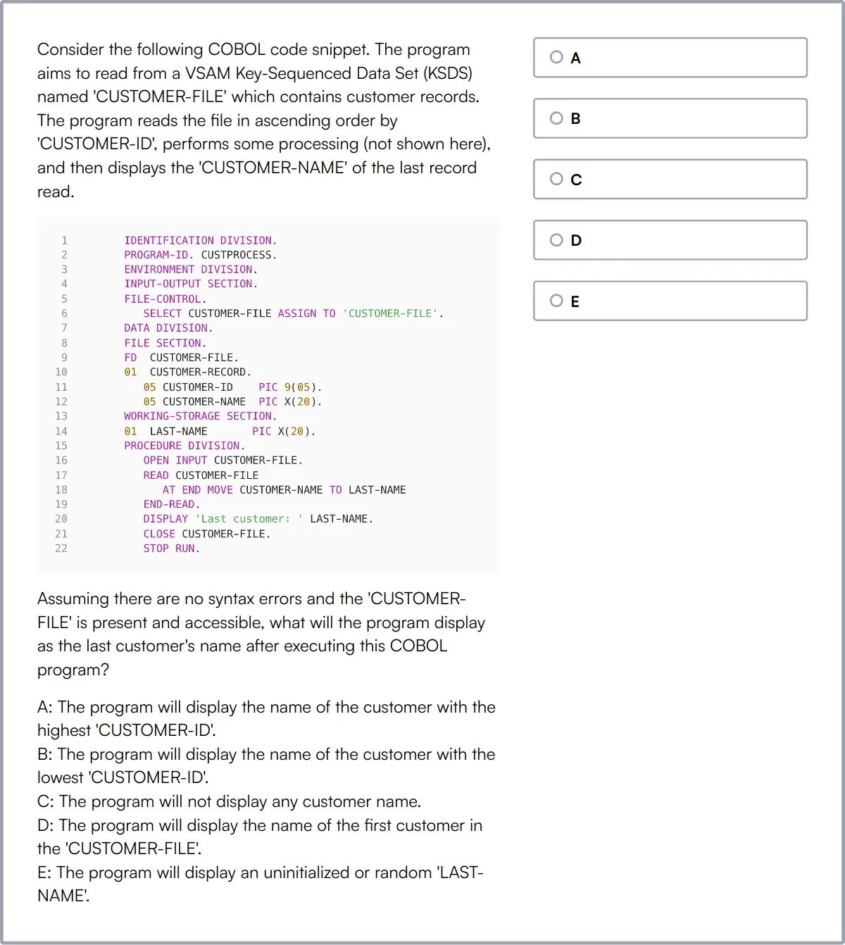 COBOL Online Test sample question