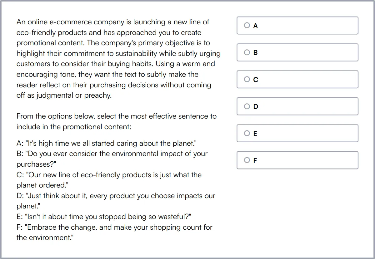 Copywriting Skills Test sample question