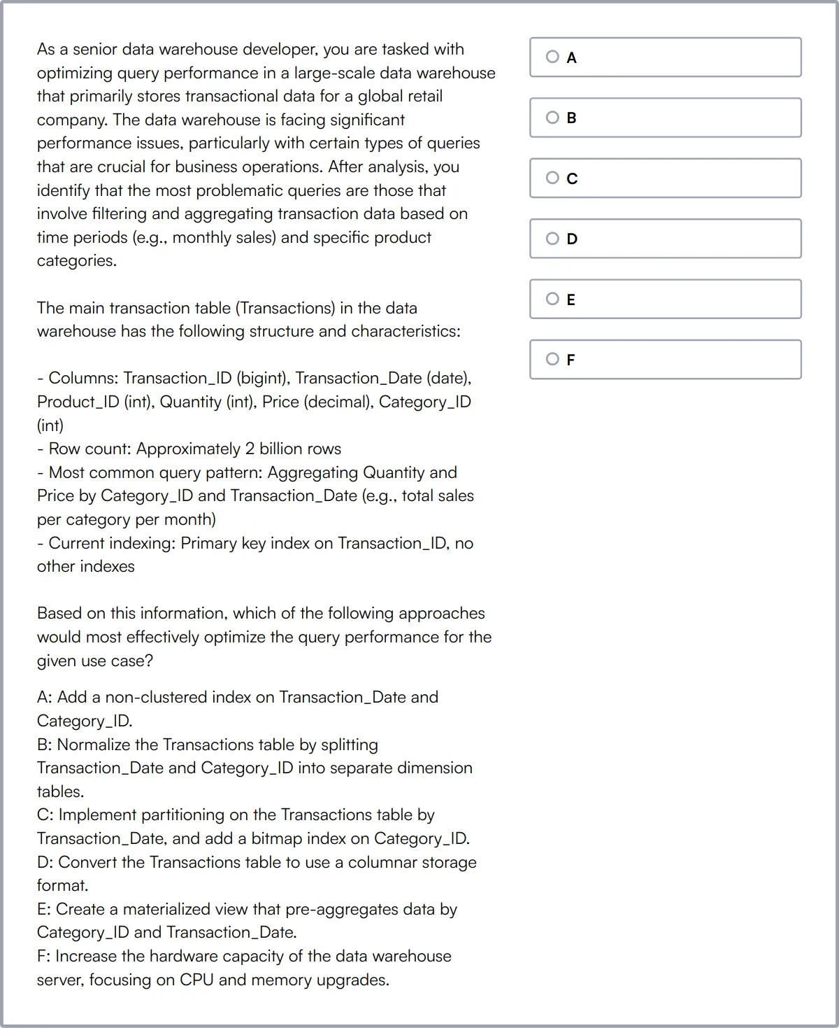 Data Warehouse Online Test sample question