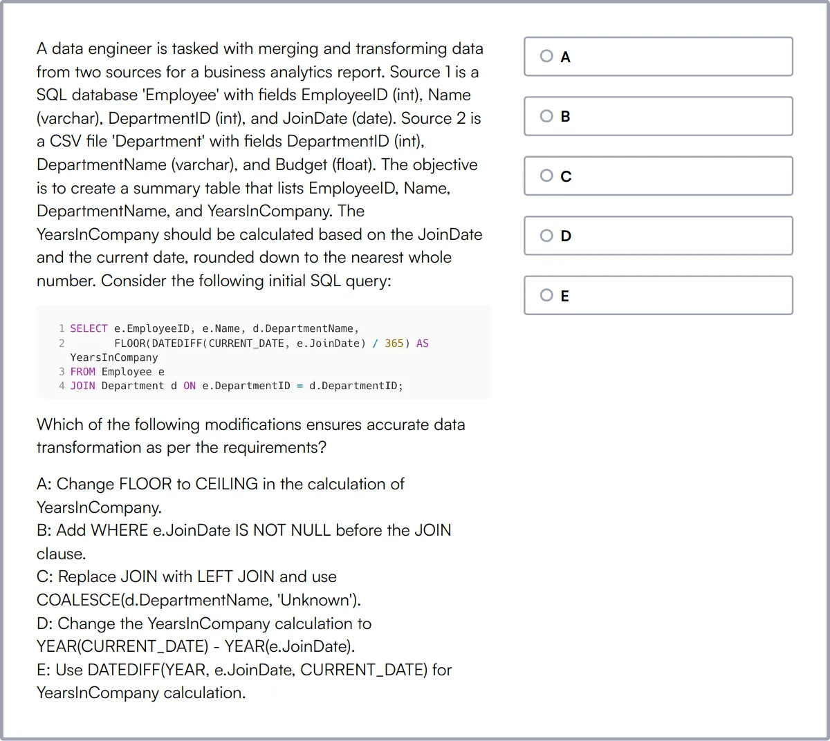 Teradata Online Test sample question