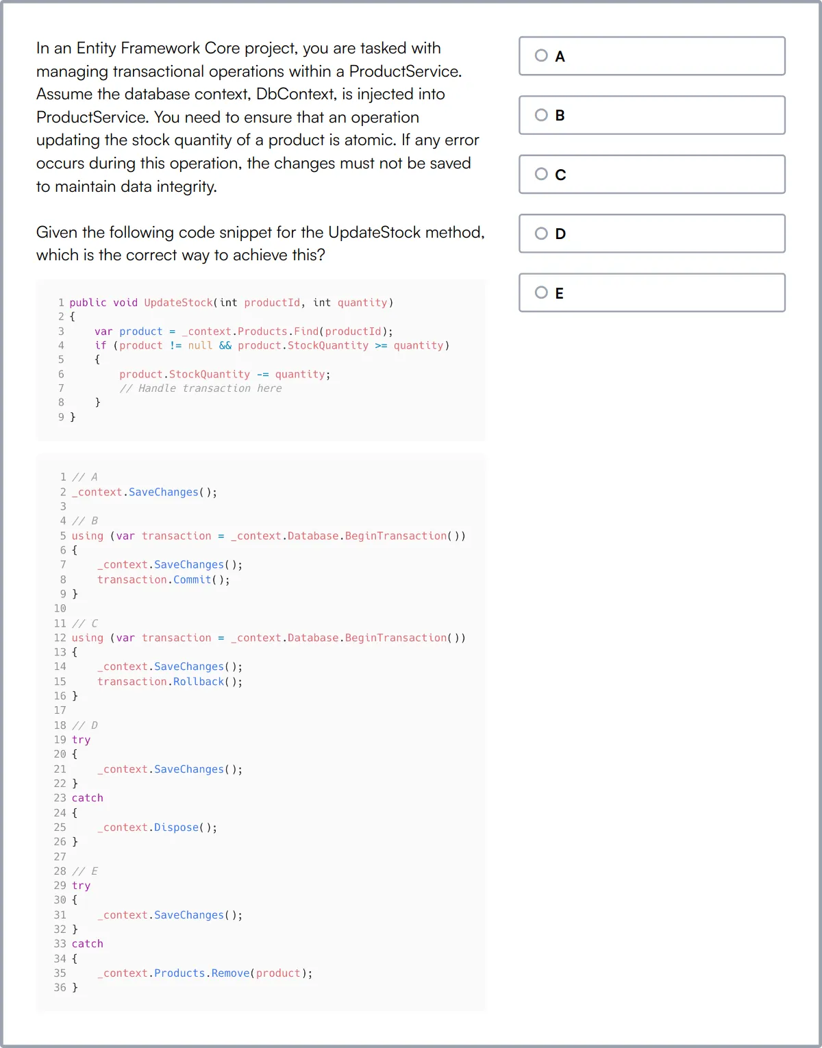 Entity Framework Online Test sample question