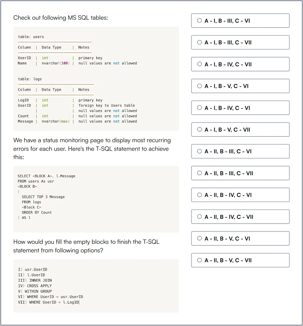 MS SQL Server Online Test sample question