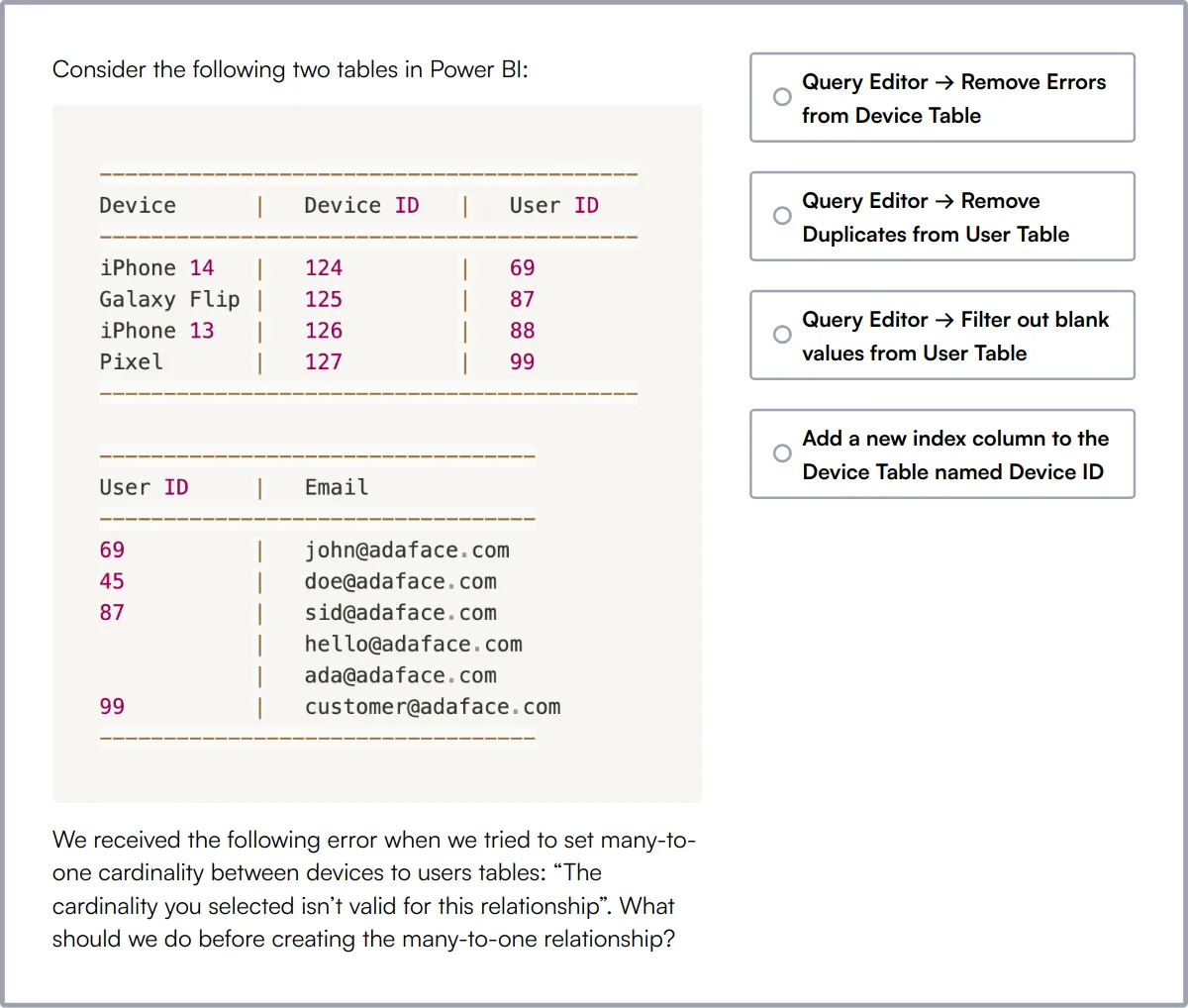 Power BI Online Test sample question