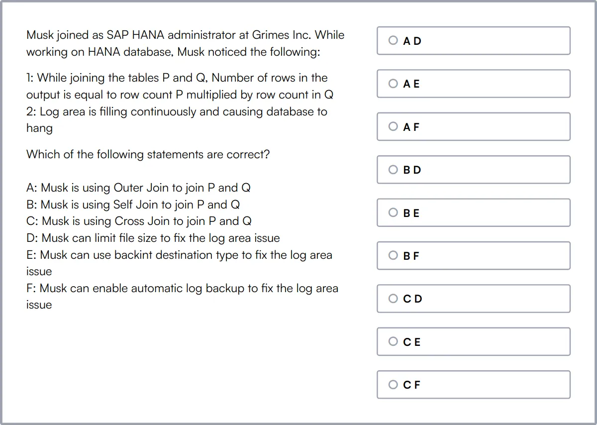 SAP HANA Online Test sample question