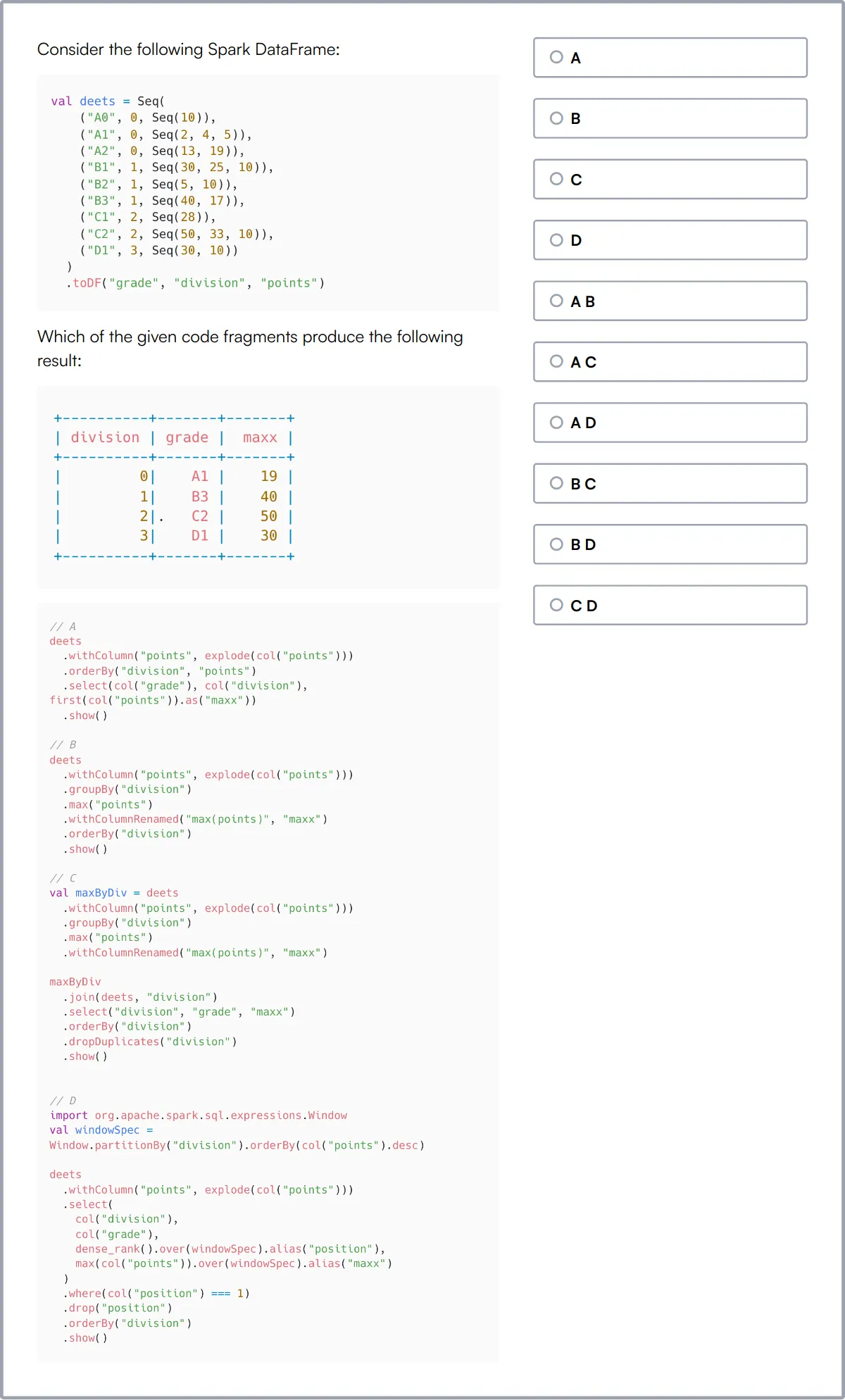 Spark Online Test sample question