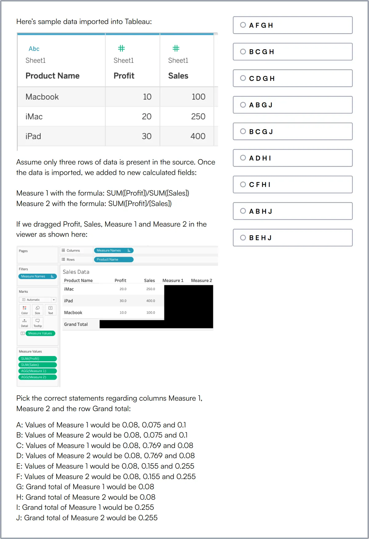 Tableau Online Test sample question