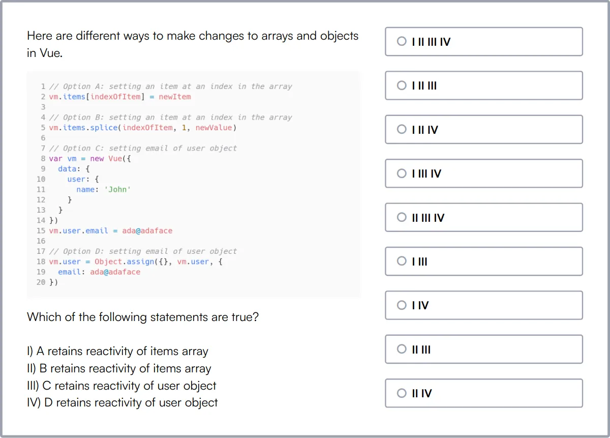 Vue.js Online Test sample question