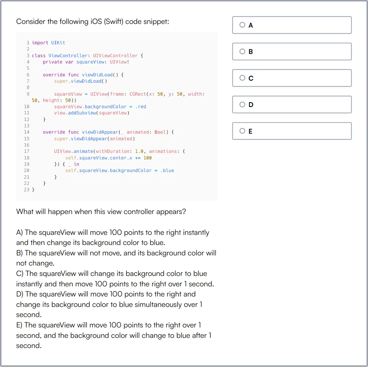 Swift & iOS Online Test sample question