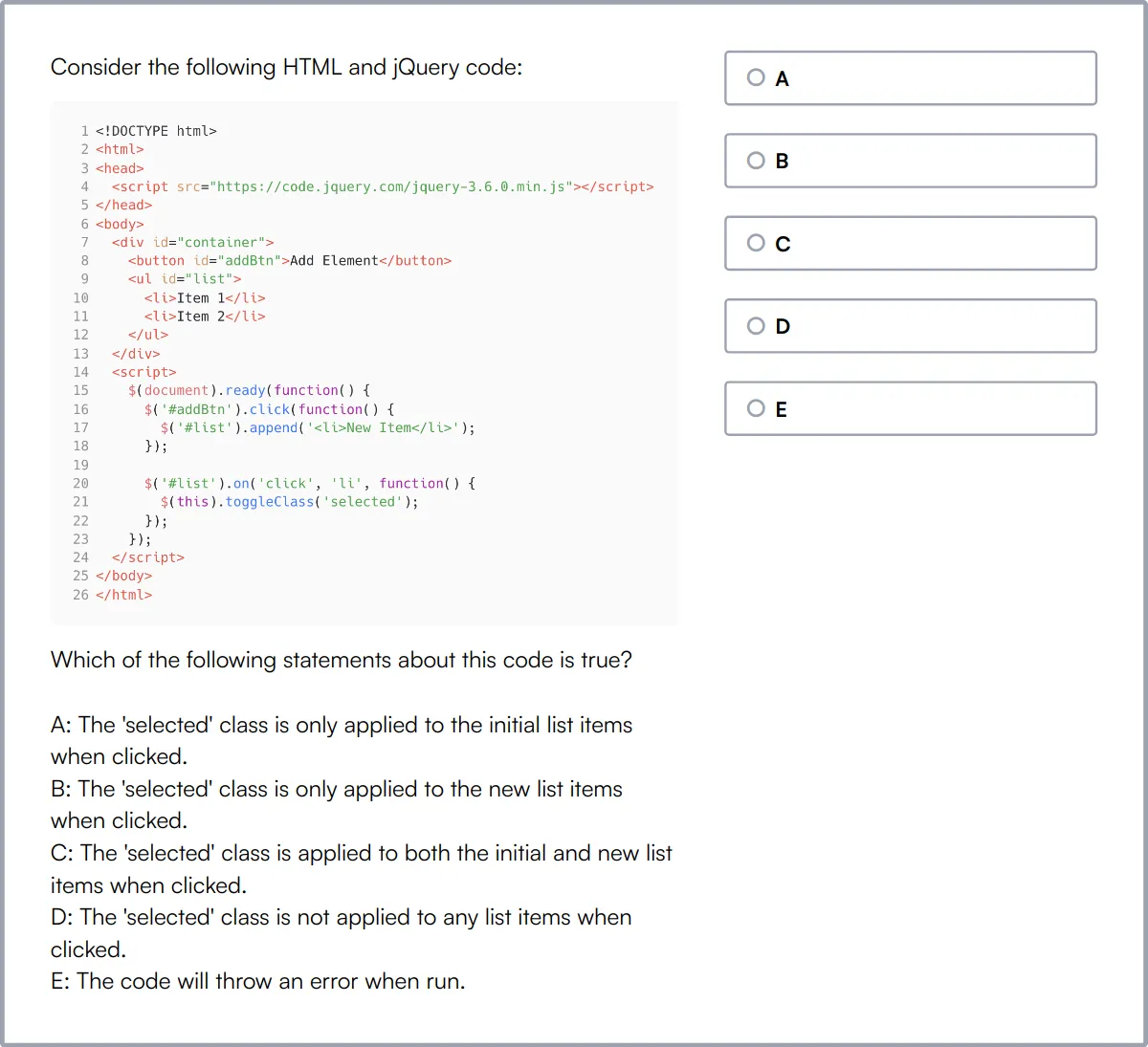 JQuery Online Test sample question