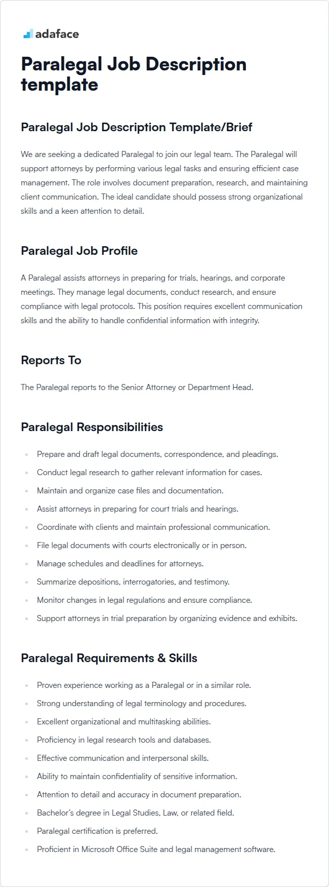 Plantilla de descripción del puesto de asistente legal