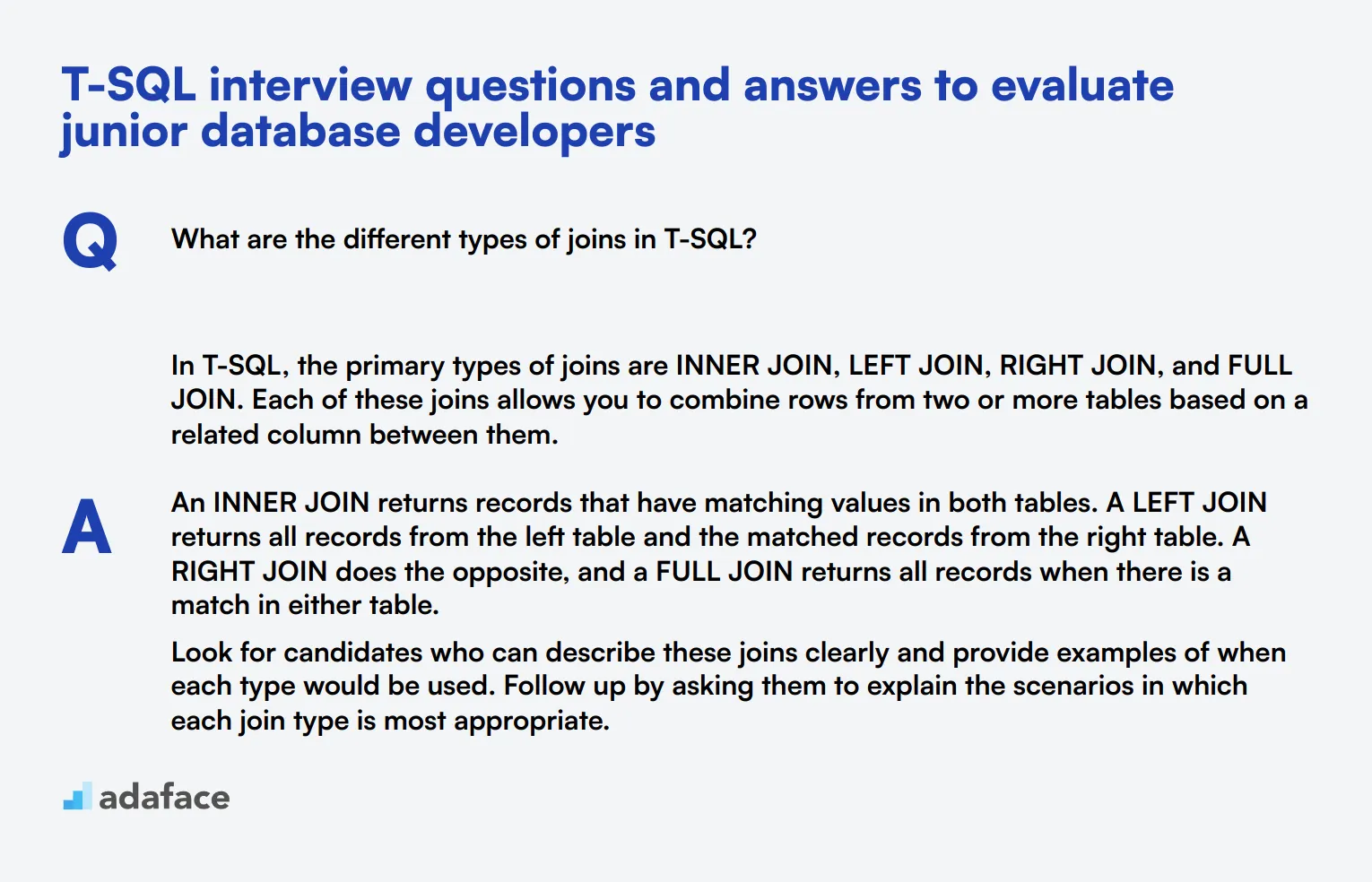 8 T-SQL interview questions and answers to evaluate junior database developers